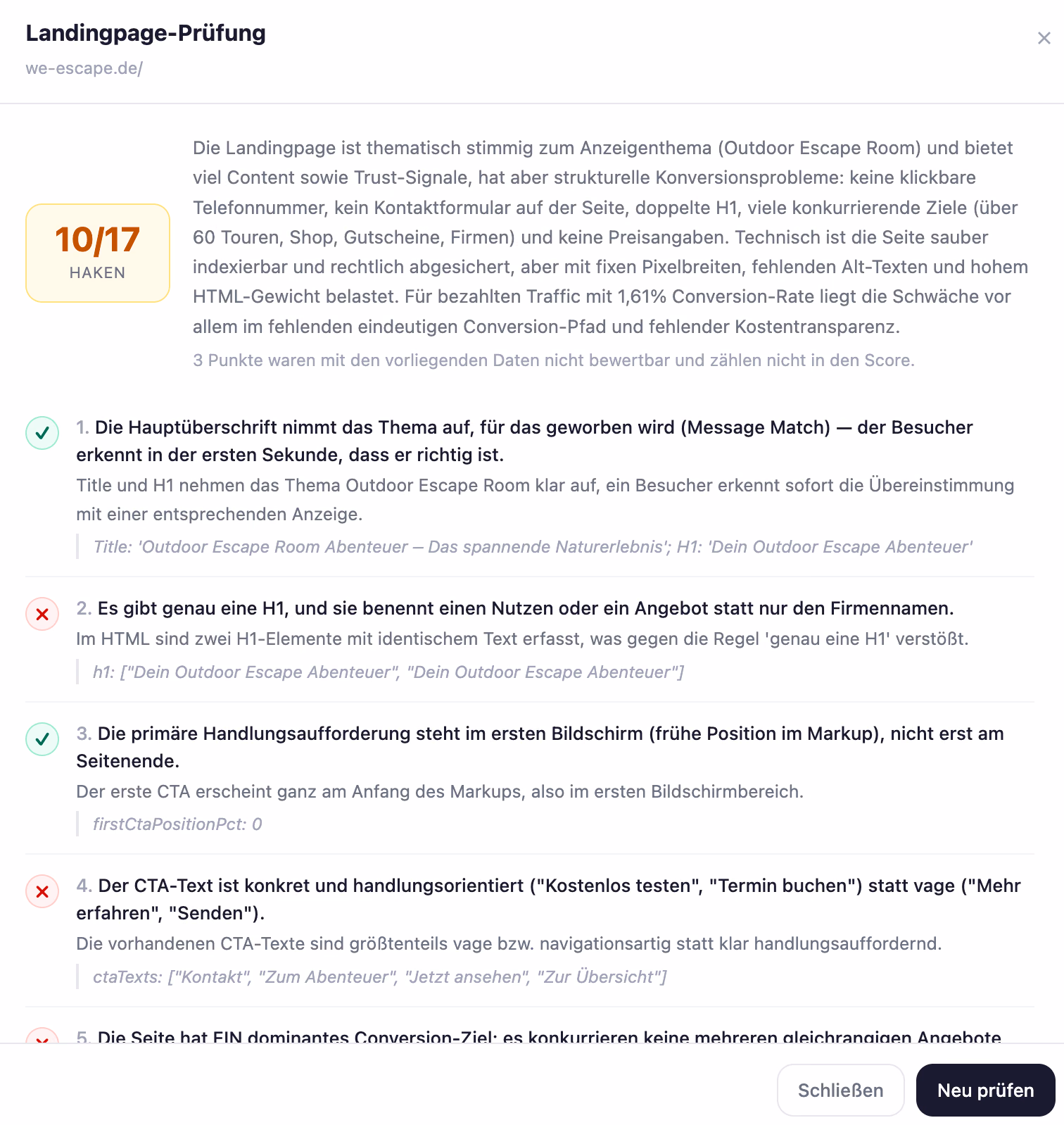 Landingpage-Prüfung mit 17-Punkte-Checkliste und KI-Bewertung