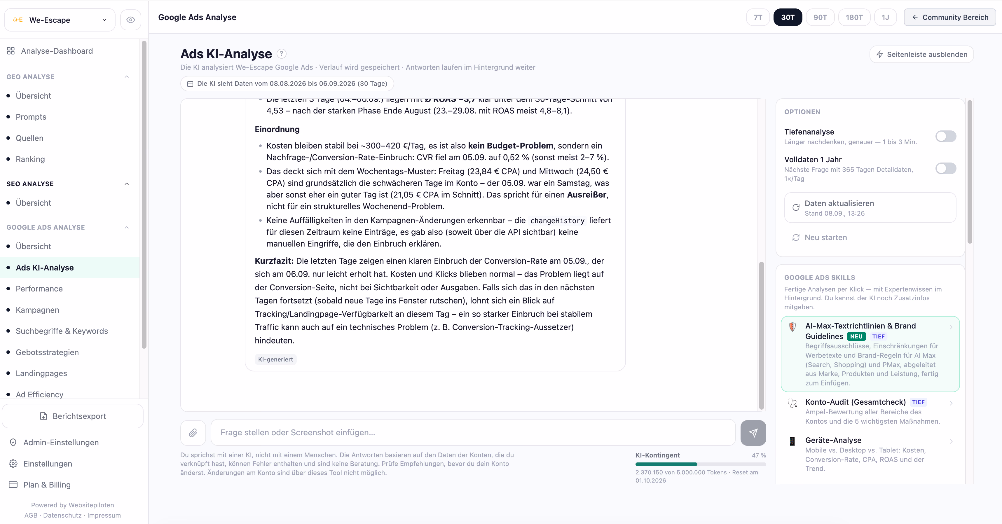 Gesamtansicht der Analyse-Plattform mit Navigation, KI-Chat und Google Ads Skills