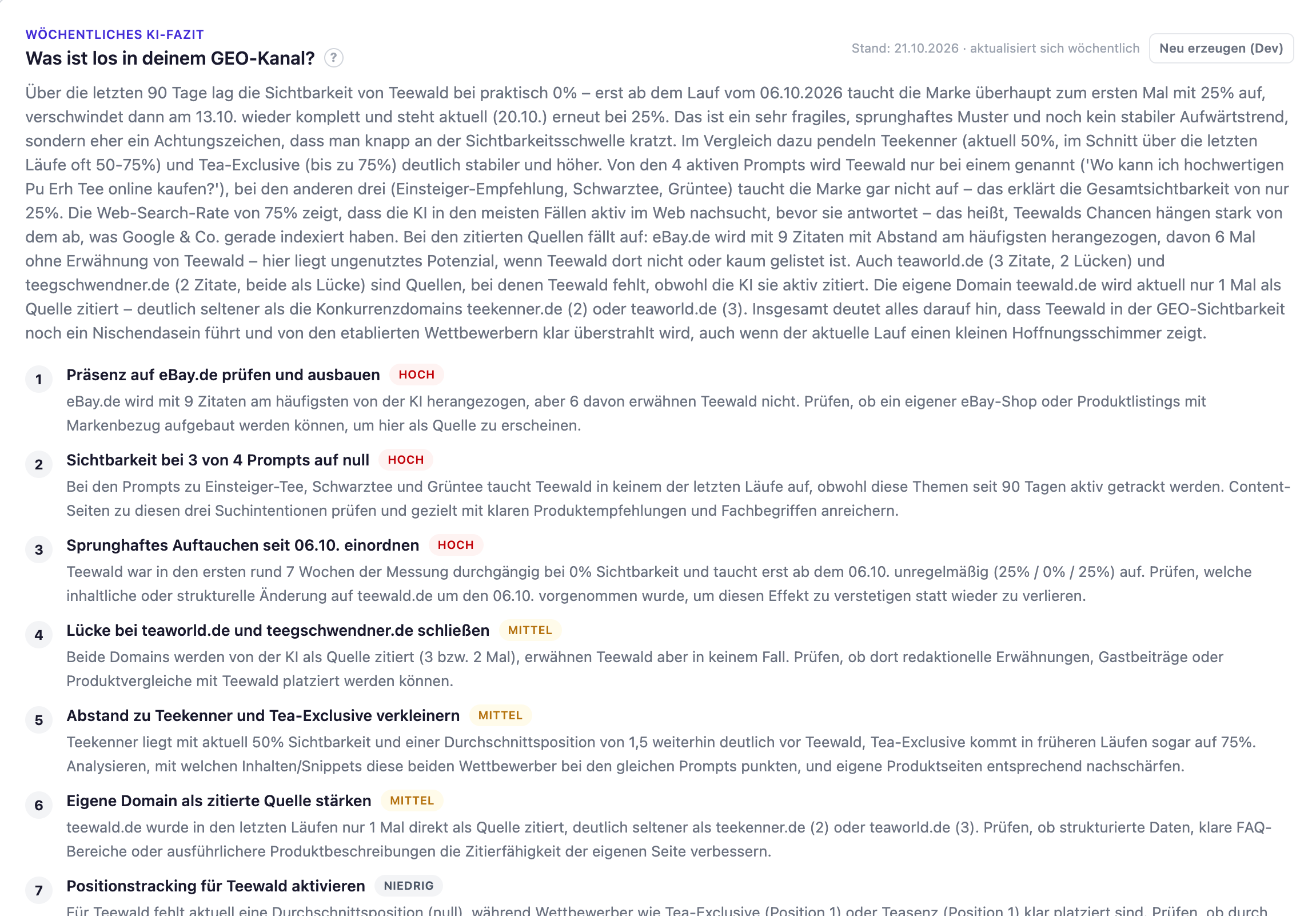 Wöchentliches KI-Fazit im GEO Tool: Textanalyse der KI-Sichtbarkeit über 90 Tage und priorisierte Handlungsempfehlungen mit Prioritäten Hoch, Mittel und Niedrig