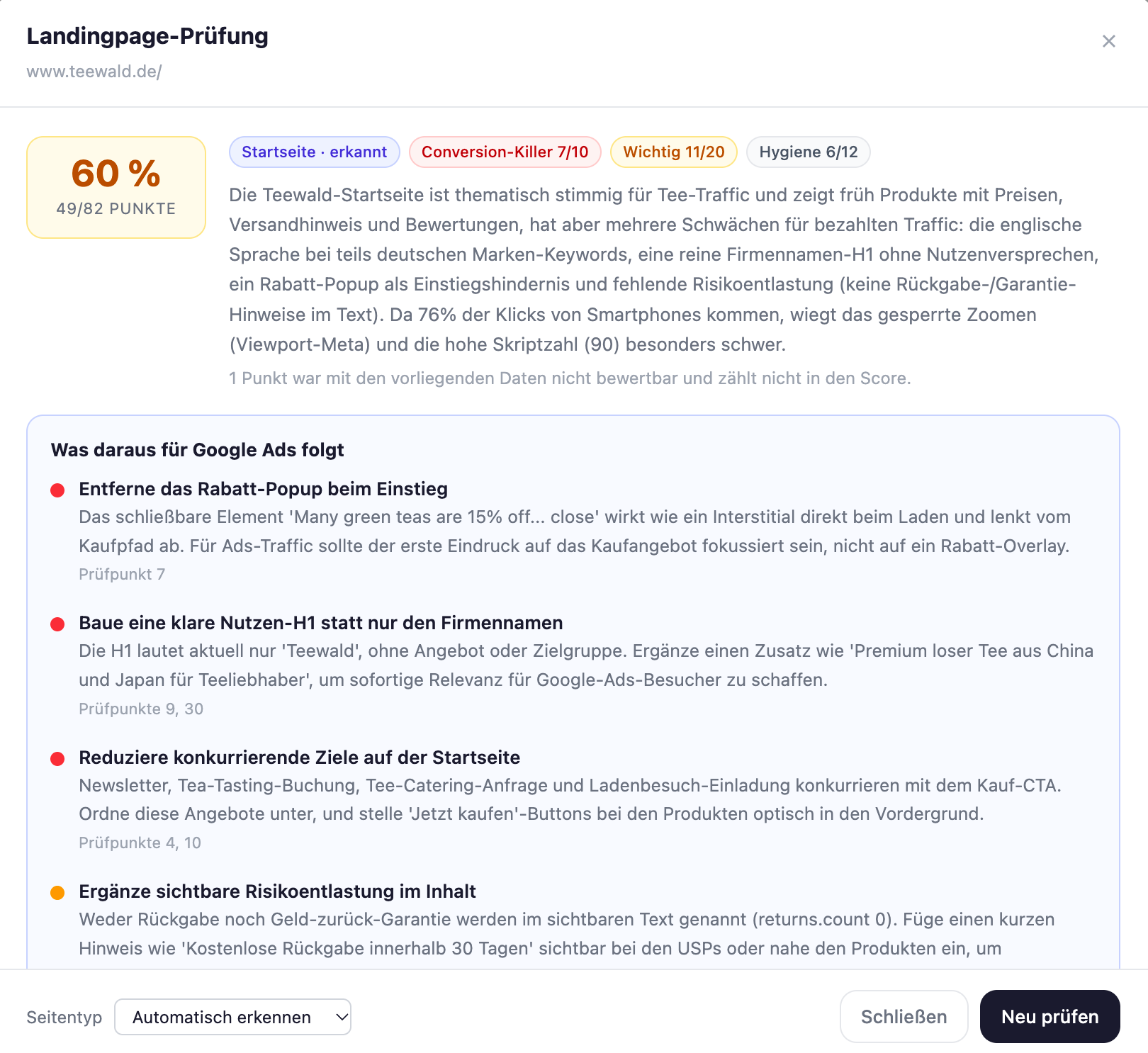 Landingpage-Prüfung von www.teewald.de mit Score 60 % und Abschnitt Was daraus für Google Ads folgt: Rabatt-Popup entfernen, Nutzen-H1 statt Firmenname, konkurrierende Ziele reduzieren, Risikoentlastung ergänzen, jeweils mit Prüfpunkt-Nummern