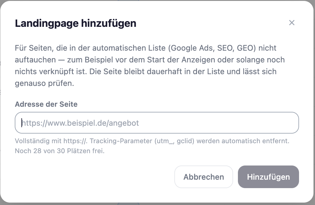 Dialog Landingpage hinzufügen mit Feld Adresse der Seite, Hinweis dass Tracking-Parameter automatisch entfernt werden und Anzeige Noch 28 von 30 Plätzen frei